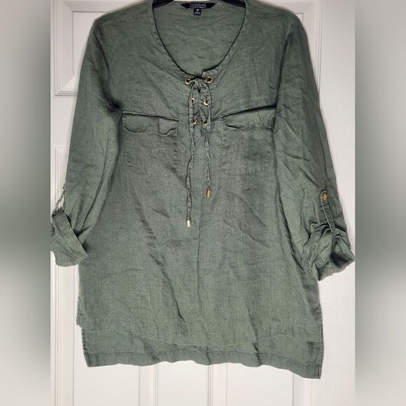 Ellen Tracy M Caper Green 100% LINEN Roll Tab Sleeve High Low Women’s Blouse - Picture 5 of 8